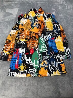 SHEIN Multicolor Graffiti Print Coat with Black, Orange, Yellow & Green Accents
